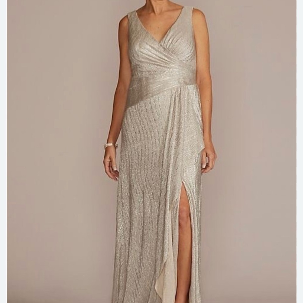 Oleg Cassini Champagne Metallic V Neck Faux Wrap Sheath Gown Slit Formal